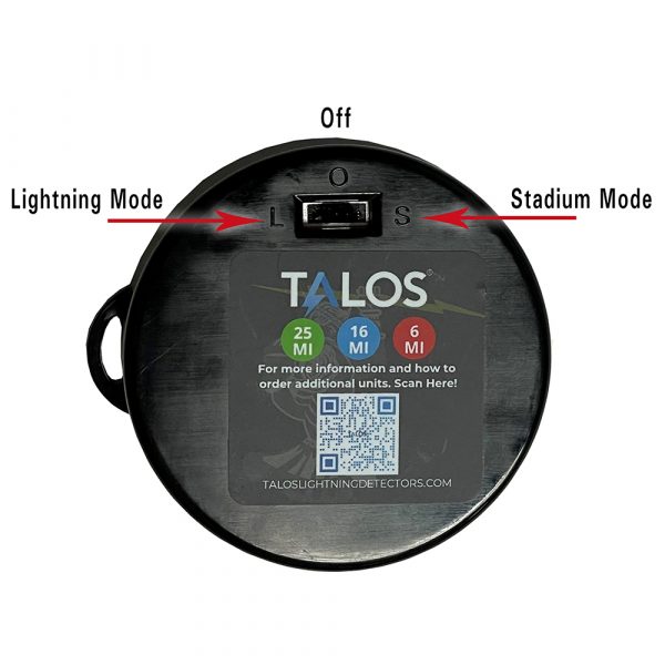 Back of TALOS Compact Lightning Detector showing 3 modes: Lightning Detection Mode, Stadium Mode and Off.